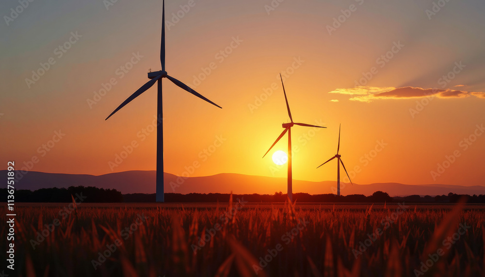 Obraz premium Stunning Wind Turbines at Sunset over a Golden Field