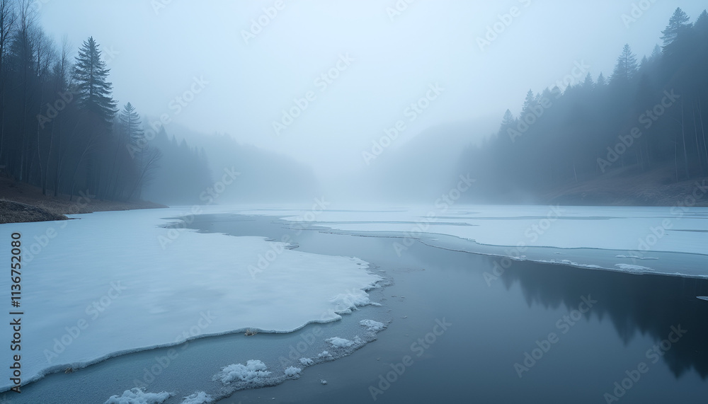 Foggy winter thaw on a misty lake with melting ice and reflections