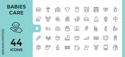 Babies Care icons set. Contains such icons as stroller, bear, bottle, safe, duck, birth, mother, milk. Minimalistic icons. Editable stroke. Vector illustration.