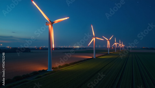 Illuminated Wind Turbines at Night