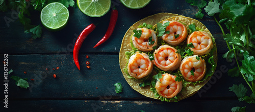 A photo of delicious tacos with shrimp, on a dark wooden table, top view, flat lay. On the left, there is lime and red pepper. photo