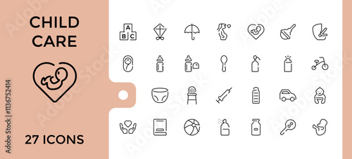 Babies Care icons set. Contains such icons as stroller, bear, bottle, safe, duck, birth, mother, milk. Minimalistic icons. Editable stroke. Vector illustration.
