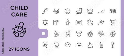 Babies Care icons set. Contains such icons as stroller, bear, bottle, safe, duck, birth, mother, milk. Minimalistic icons. Editable stroke. Vector illustration.