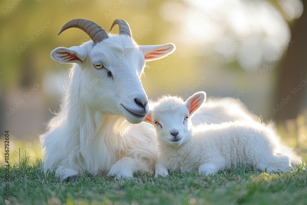 Adorable White Goat and Lamb Resting in Green Pasture Adorable White Goat and Lamb Resting in Green Pasture