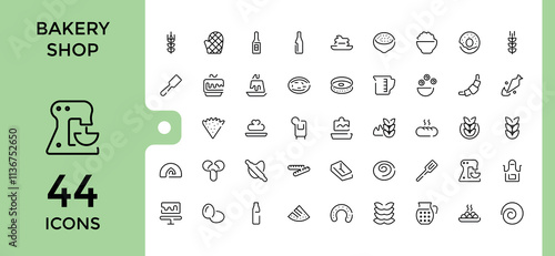 Bakery Shop icon set. Containing bakery, croissant, cake, element, donut, baker, food and more. Thin outline icons pack. Editable vector icon and illustration.