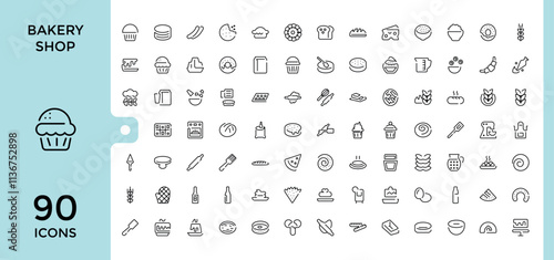 Bakery Shop icon set. Containing bakery, croissant, cake, element, donut, baker, food and more. Thin outline icons pack. Editable vector icon and illustration.