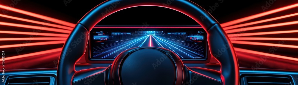 Fototapeta premium close up view of futuristic self driving car interior with vibrant neon lights illuminating dashboard and road ahead, creating surreal atmosphere