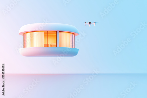 futuristic modular house with large windows and drone flying nearby, showcasing innovative design and technology photo