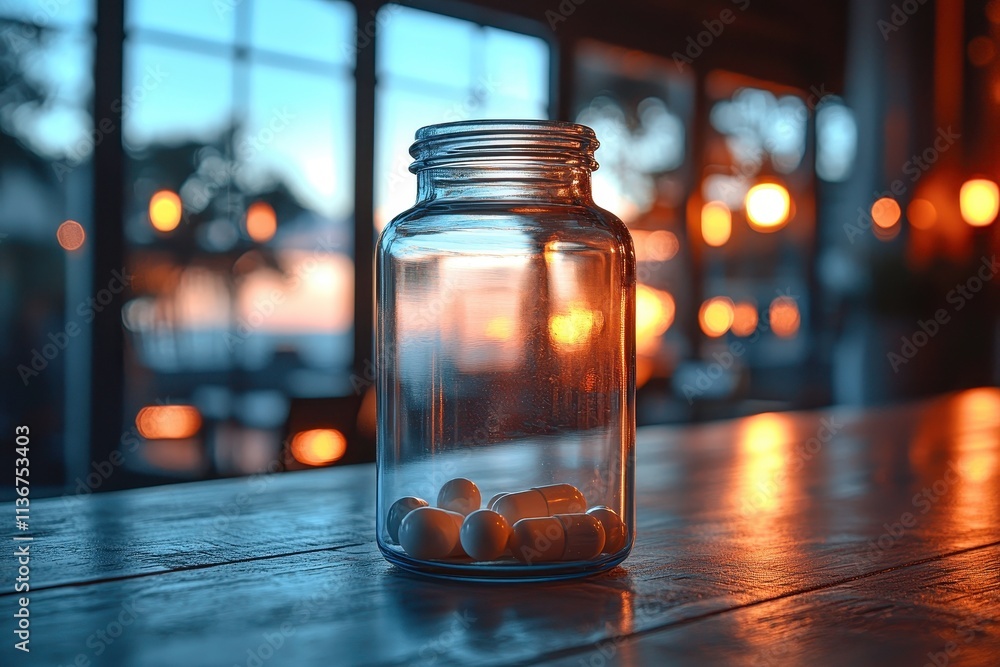 Transparent Pill Bottle on Kitchen Table with Blurred Background Transparent Pill Bottle on Kitchen Table with Blurred Background