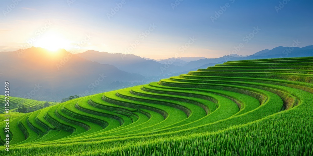Stunning Sunrise over Lush Green Rice Terraces in Mountains Stunning Sunrise over Lush Green Rice Terraces in Mountains