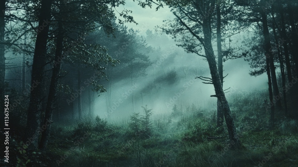 Fototapeta premium A dense fog rolling over a pine forest, mysterious and moody, cinematic tones