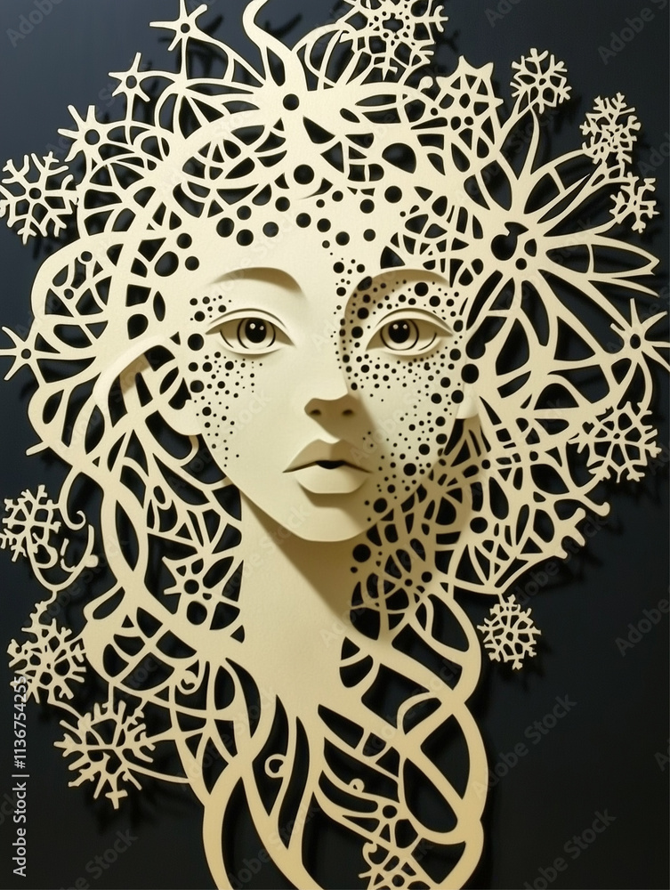 A unique portrayal of a woman with floral and snowflake motifs. A unique portrayal of a woman with floral and snowflake motifs.