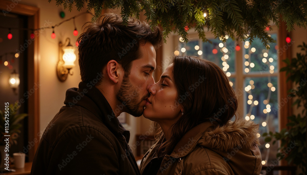 Fototapeta premium Couple sharing a romantic New Year's kiss under mistletoe with festive lights