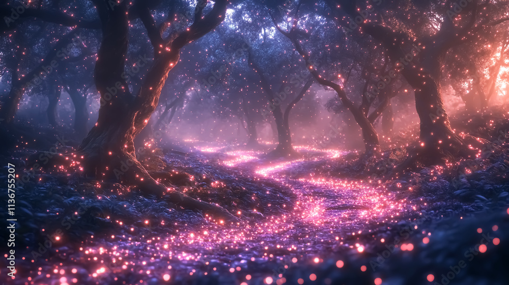 Fototapeta premium Mystical forest, illuminated by bright bioluminescent lights scattered across the ground, trees and floating in the air