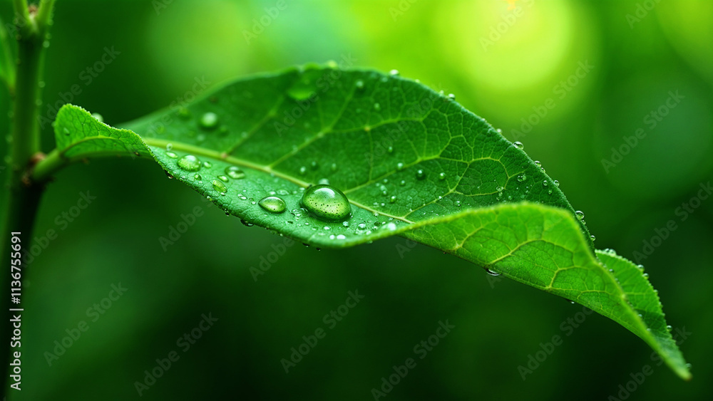 Green leaf with water droplets in fresh nature background Green leaf with water droplets in fresh nature background