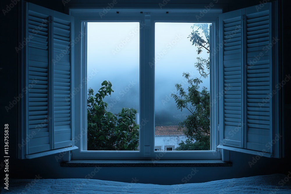 Obraz premium A wide-open window on a foggy day provides a stunning view of the countryside, perfect for a stay-at-home concept. From the house, enjoy the scenery, dreaming of travels to Spain and holidays. Open
