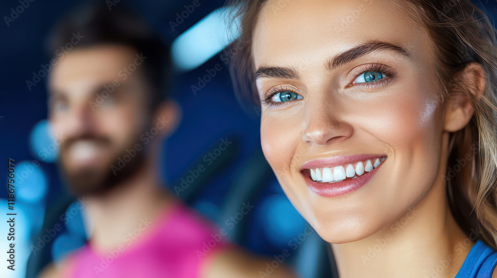 Smiling woman in gym with man in background, showcasing fitness and joy Smiling woman in gym with man in background, showcasing fitness and joy