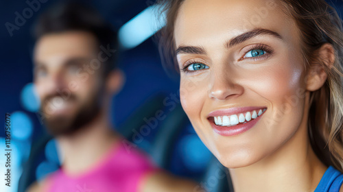 Smiling woman in gym with man in background, showcasing fitness and joy