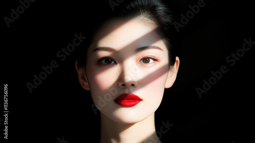 Wallpaper Mural A captivating woman showcases red lips with shadows casting intriguing patterns Torontodigital.ca