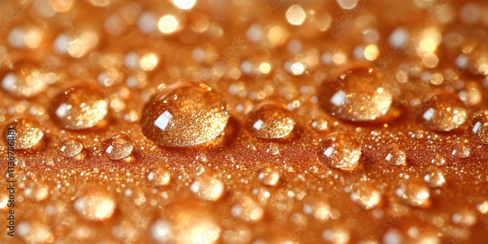 Water droplets rest on a golden surface, reflecting light and creating sparkling patterns Water droplets rest on a golden surface, reflecting light and creating sparkling patterns