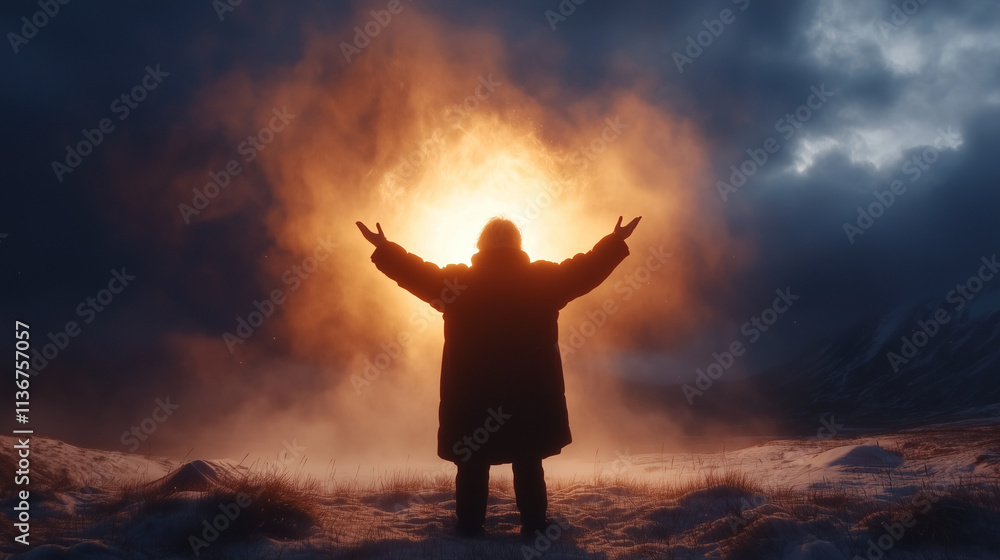 A person stands triumphantly, raised arms towards a breathtaking sunrise A person stands triumphantly, raised arms towards a breathtaking sunrise