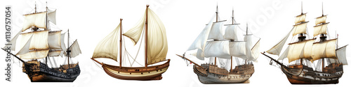 Set of medieval sailing ship with white sails, on transparent background.  photo