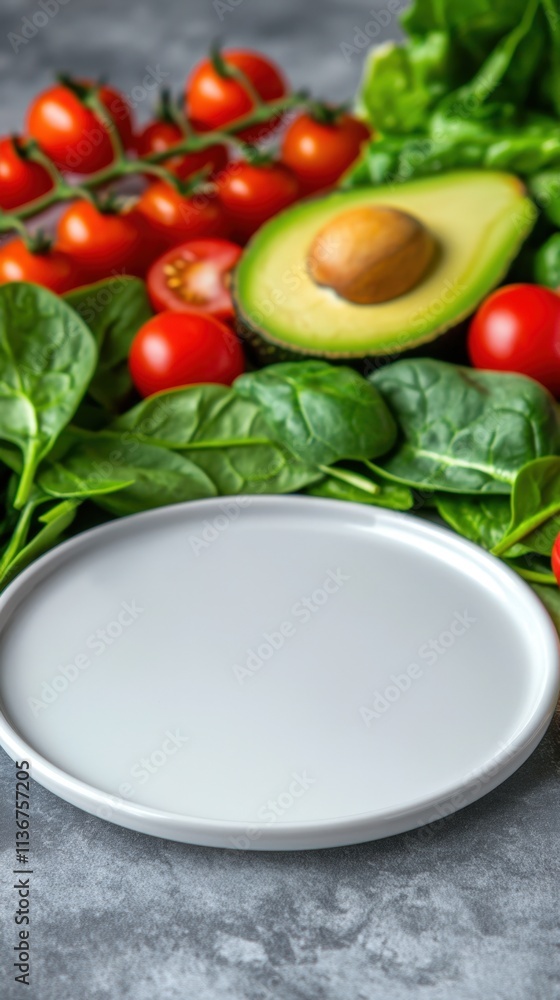 Fresh Spinach Leaves Avocado and Cherry Tomatoes on Concrete Background Fresh Spinach Leaves Avocado and Cherry Tomatoes on Concrete Background