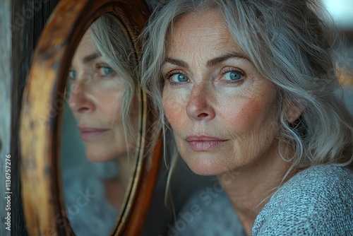 Older Woman Gazing at Reflection in Warmly Lit Bathroom