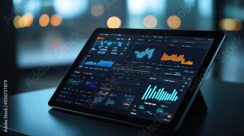 Data visualization on a tablet showing analytics in a modern office environment at night