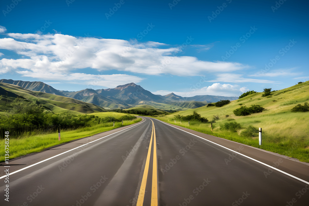Open Road Adventure: An Inviting Asphalt Road to The Horizon Between Mountains and Blue Sky Open Road Adventure: An Inviting Asphalt Road to The Horizon Between Mountains and Blue Sky