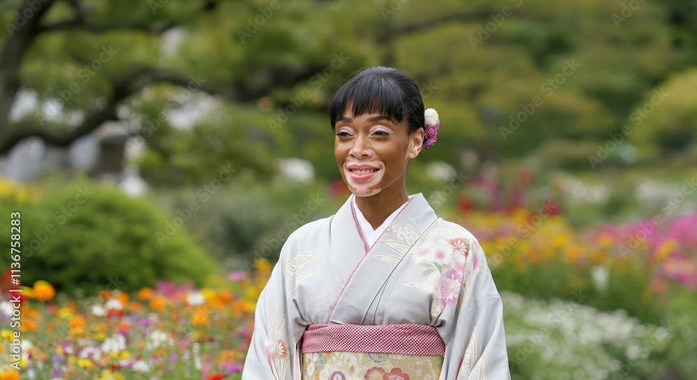 Elegant young woman in traditional kimono in vibrant flower garden Elegant young woman in traditional kimono in vibrant flower garden