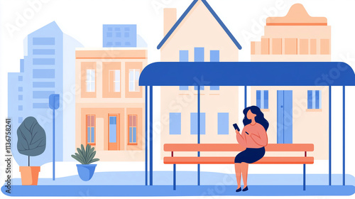 Woman checks her phone while waiting at a bus stop in the city