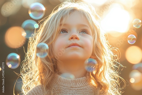 Child Blowing Bubbles in a Sunny Backyard