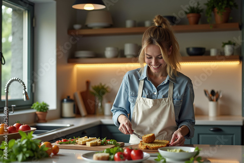Woman showing enthusiasm while cooking in a contemporary kitchen