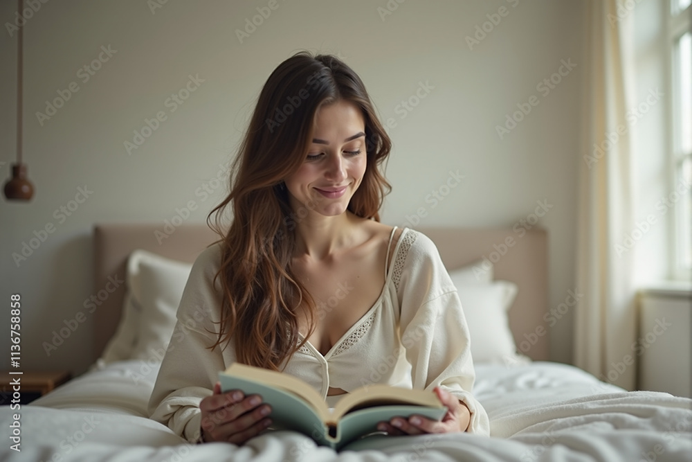Woman appearing calm and content while reading in a minimalist bedroom Woman appearing calm and content while reading in a minimalist bedroom