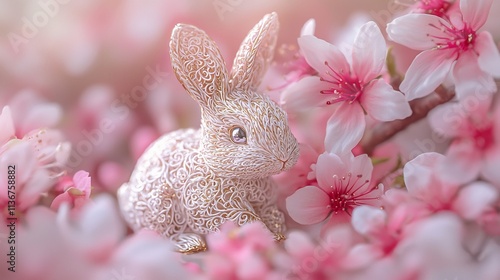 Delicate bunny figurine nestled amongst blossoming pink flowers.
