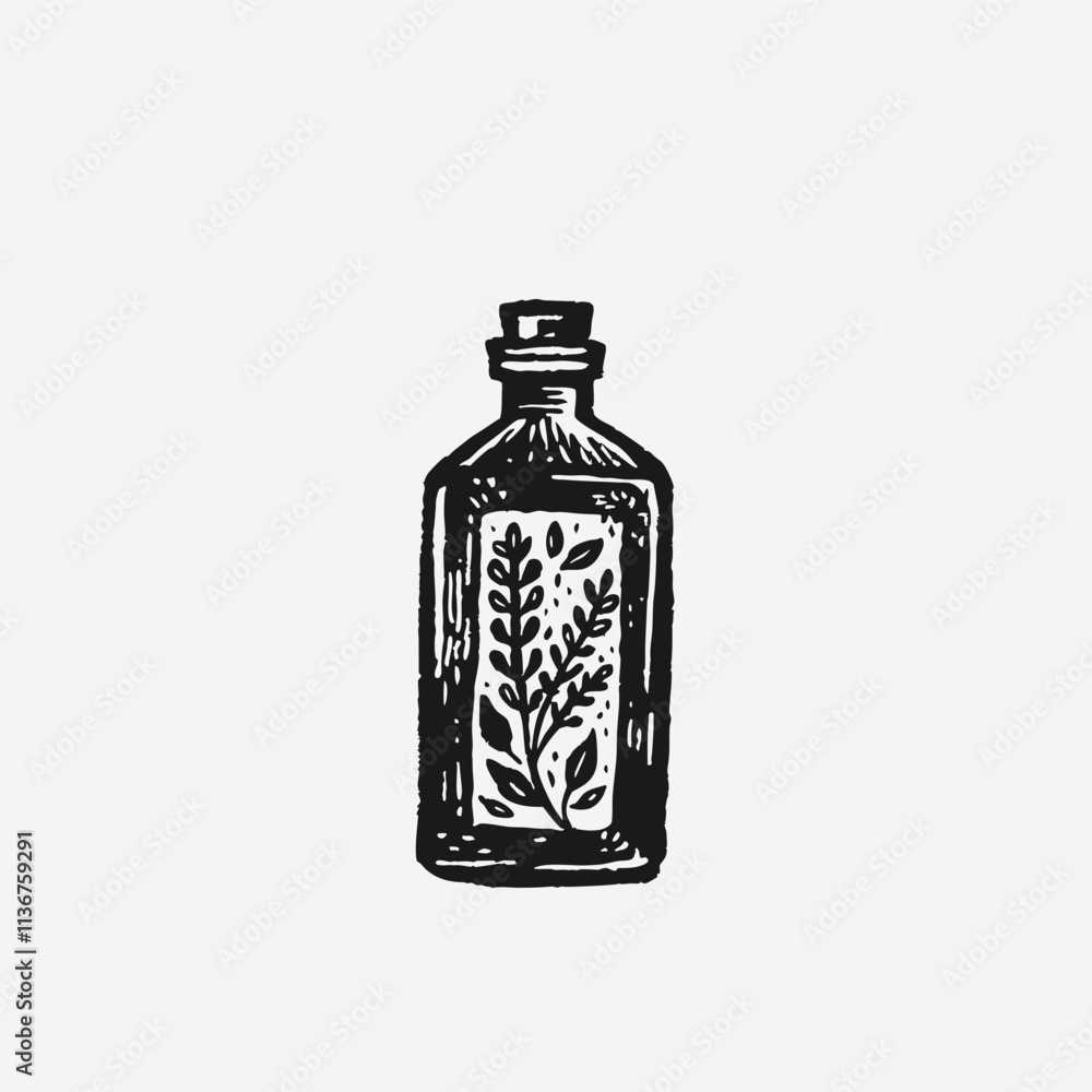Black silhouette glass sealed bottle with oil or perfume. Hand engraved aged glass vessel for medicine or cosmetology. Black silhouette glass sealed bottle with oil or perfume. Hand engraved aged glass vessel for medicine or cosmetology.