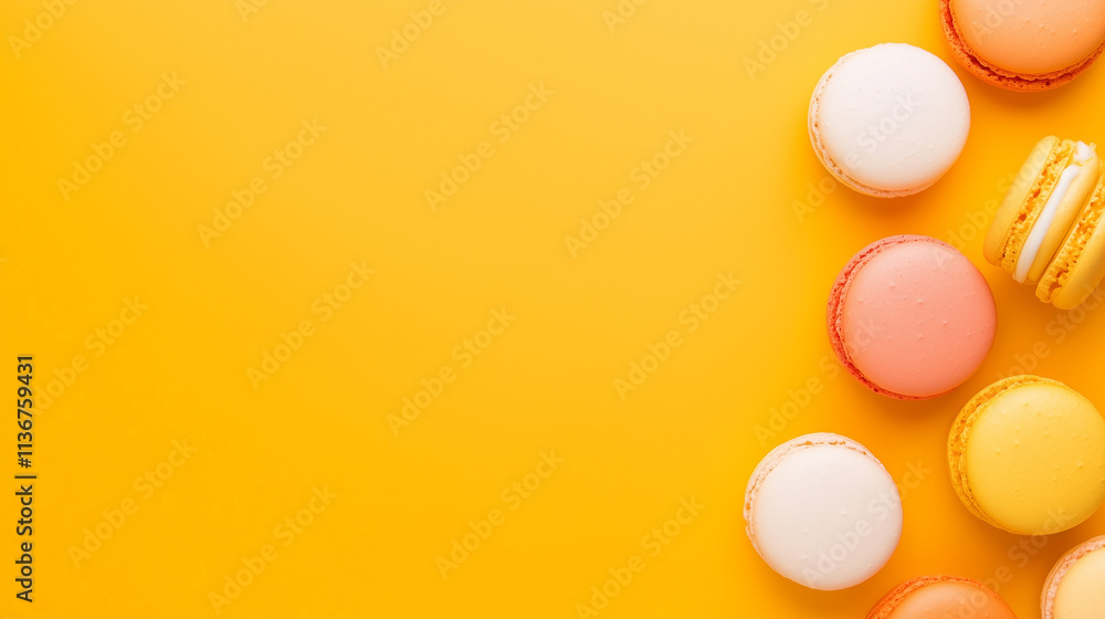 Delightful macarons in various colors contrast against a bright yellow backdrop Delightful macarons in various colors contrast against a bright yellow backdrop