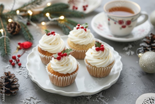 Festive Cupcakes topped with icing and holly decorations, spruce branch and cranberries. Image for cafe menu, Banner. Christmas iced little cakes. Joyous holiday celebrations and gatherings. Cup cakes