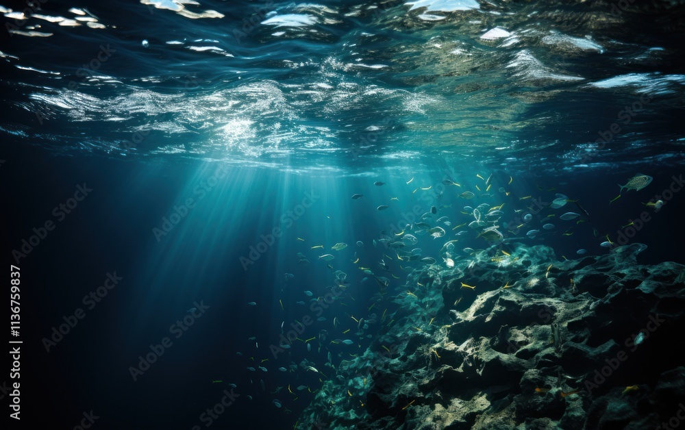 Sunlight dances on ocean depths illuminating vibrant marine life among underwater rocks Sunlight dances on ocean depths illuminating vibrant marine life among underwater rocks