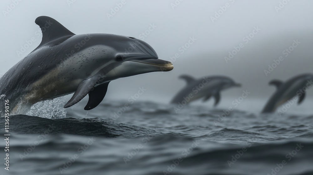 Obraz premium A playful dolphin leaps from the ocean surface, with others swimming gracefully in the misty background.