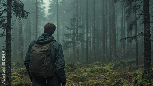 A person stands in a misty forest, surrounded by tall trees and lush greenery.