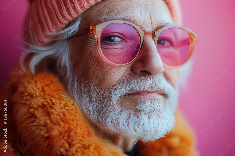 An elderly man with a stylish pink beanie, pink-tinted glasses, and a vibrant orange fur coat, exuding a cool, fashionable vibe against a bright pink backdrop An elderly man with a stylish pink beanie, pink-tinted glasses, and a vibrant orange fur coat, exuding a cool, fashionable vibe against a bright pink backdrop