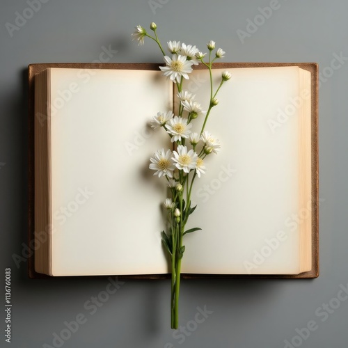 La belleza de la simplicidad un libro en blanco y flores blancas en armonía.
