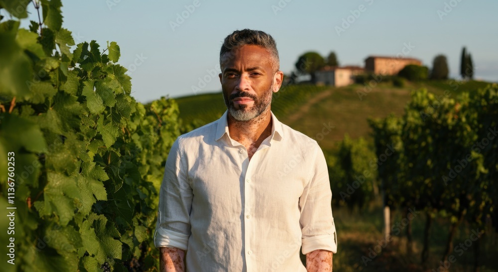 Mature hispanic male in vineyard at golden hour amidst scenic countryside landscape Mature hispanic male in vineyard at golden hour amidst scenic countryside landscape