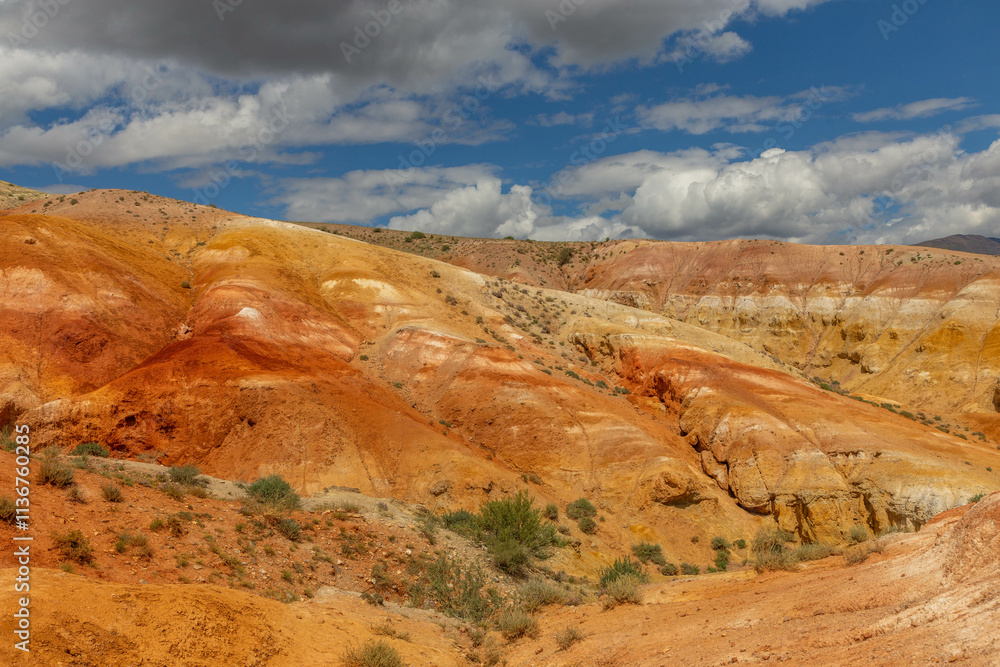 Altai Mars number one (multicolored mountains). Kyzyl Chin valley, also called as Mars valley. Chagan Uzun village, Altai republic, Russia. Altai Mars number one (multicolored mountains). Kyzyl Chin valley, also called as Mars valley. Chagan Uzun village, Altai republic, Russia.