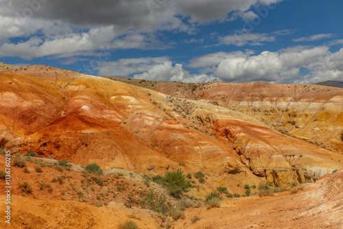 Altai Mars number one (multicolored mountains). Kyzyl Chin valley, also called as Mars valley. Chagan Uzun village, Altai republic, Russia. 