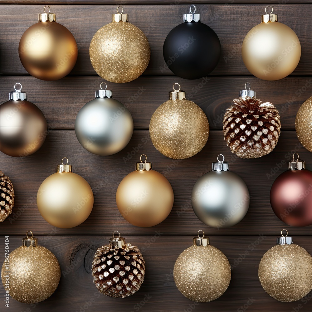 Flat composition of christmas cones and tree toys on a dark background. Red, gold and silver balls, pine cones with snowy textures create an elegant and festive look. Suitable for winter decor, holida Flat composition of christmas cones and tree toys on a dark background. Red, gold and silver balls, pine cones with snowy textures create an elegant and festive look. Suitable for winter decor, holida