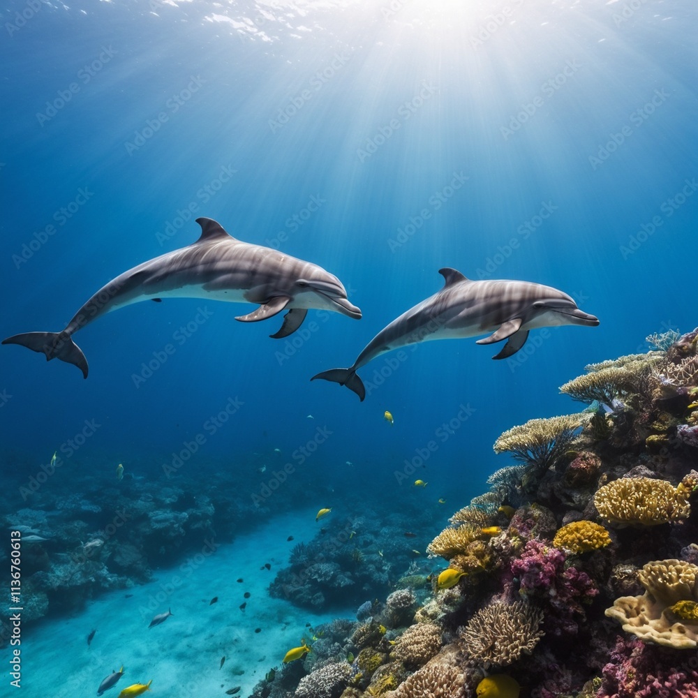 Two playful dolphins swimming gracefully around a vibrant coral reef underwater Two playful dolphins swimming gracefully around a vibrant coral reef underwater