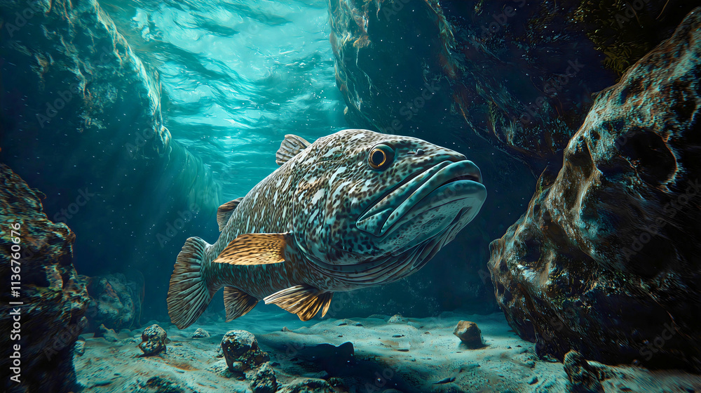 Obraz premium A grouper fish hiding between underwater rock formations, its large, spotted body blending perfectly with the natural marine textures. 